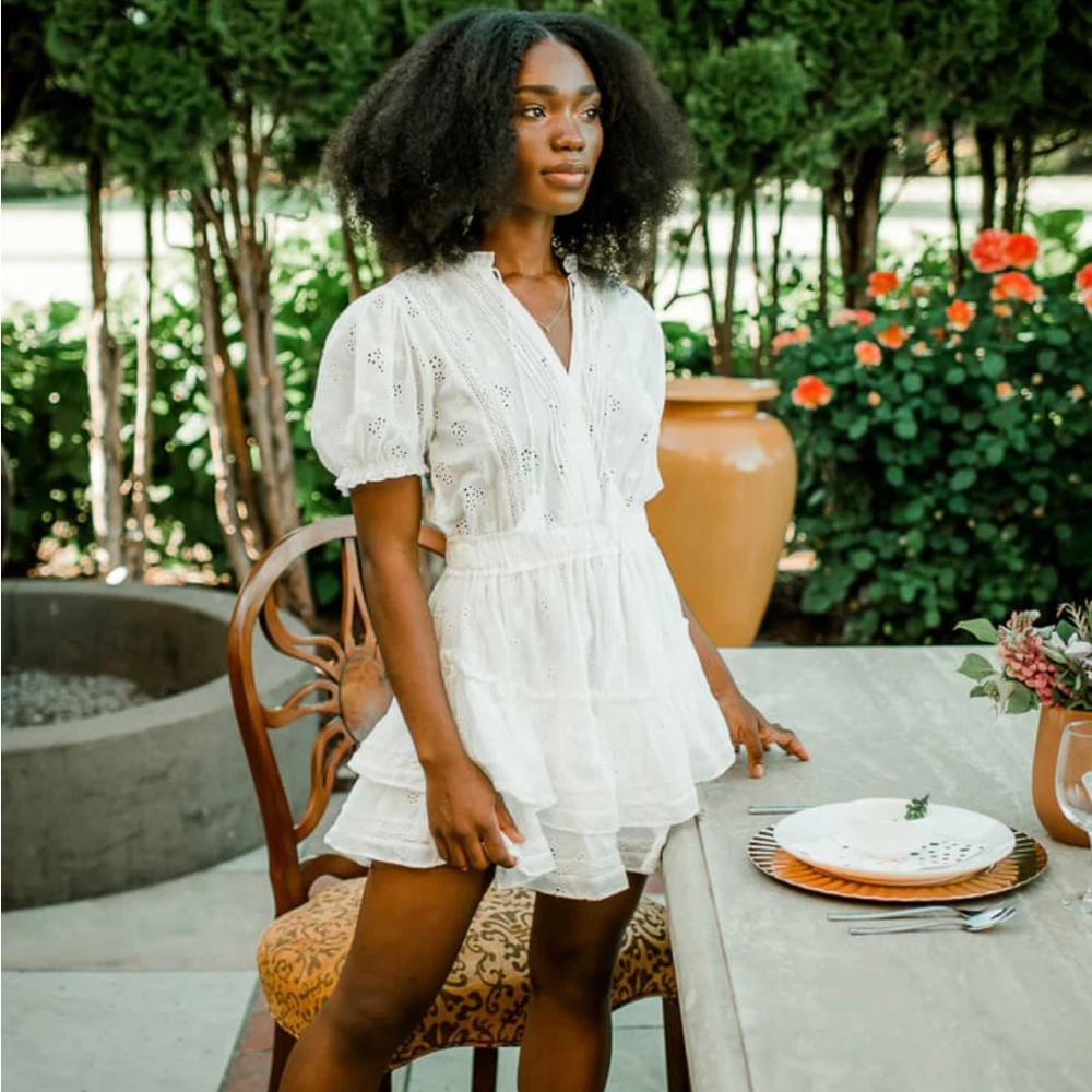 White eyelet ruffle mini dress, white, size small.